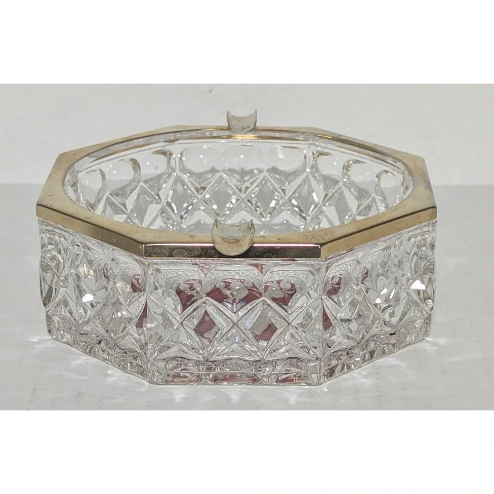 Vintage Hofbauer Byrdes Ruby Red Clear Cut Crystal and Brass Octagon Ashtray